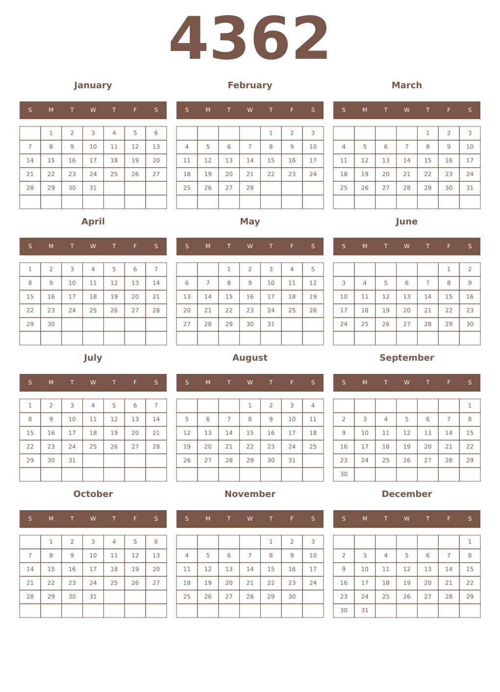 Printable 4362 Year Calendars coffe