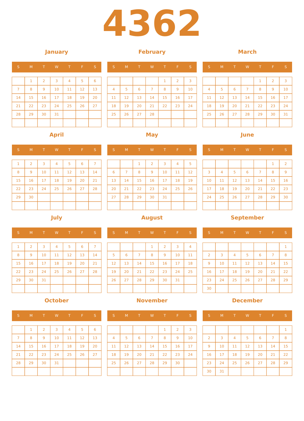 Printable 4362 Year Calendars orange