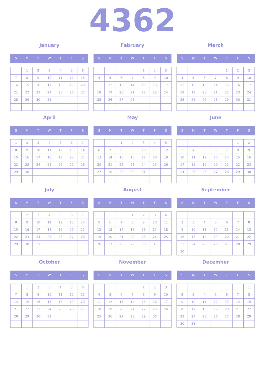 Printable 4362 Year Calendars periwinkle