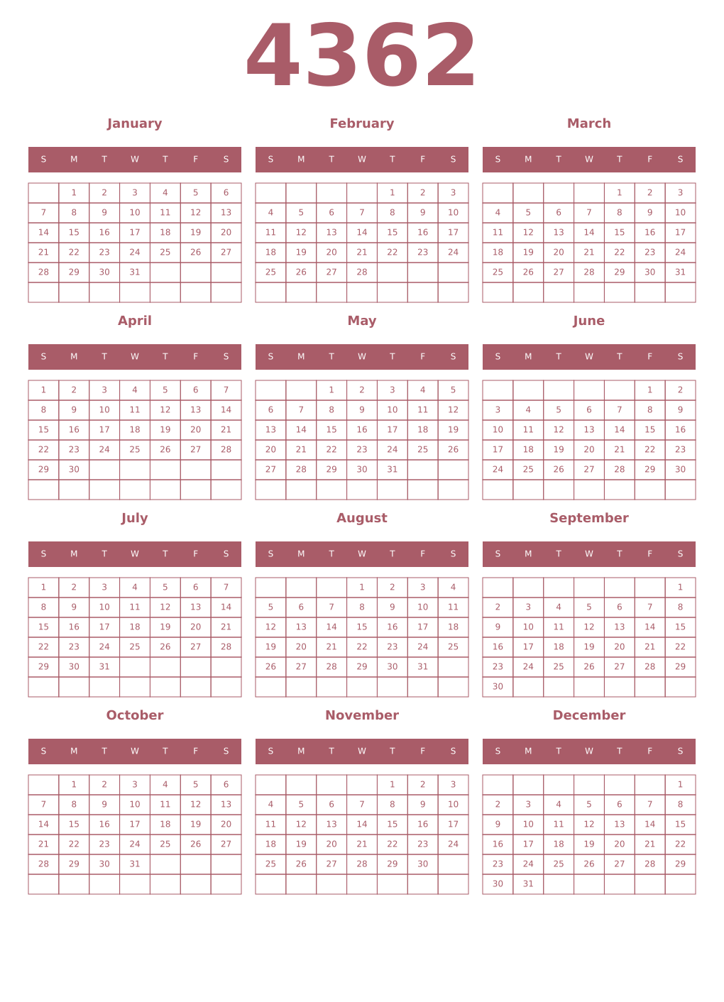Printable 4362 Year Calendars puce