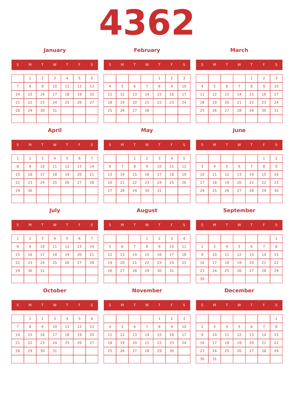 Printable 4362 Year Calendars red