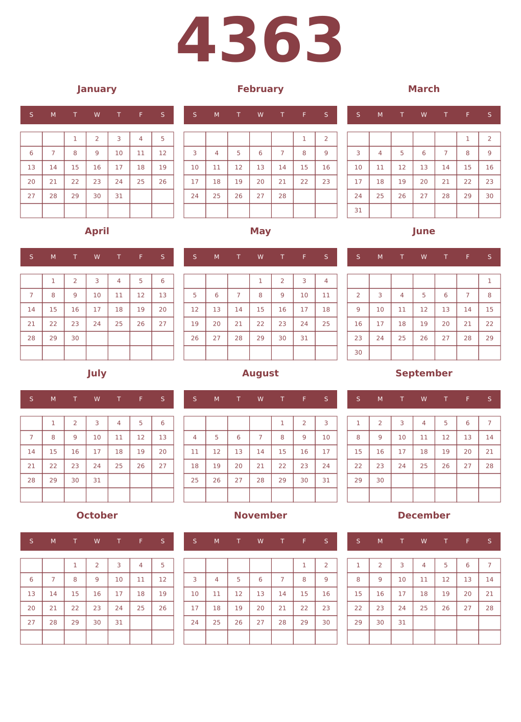 Printable 4363 Year Calendars cordovan