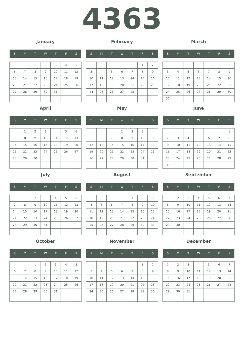 Printable 4363 Year Calendars feldgrau