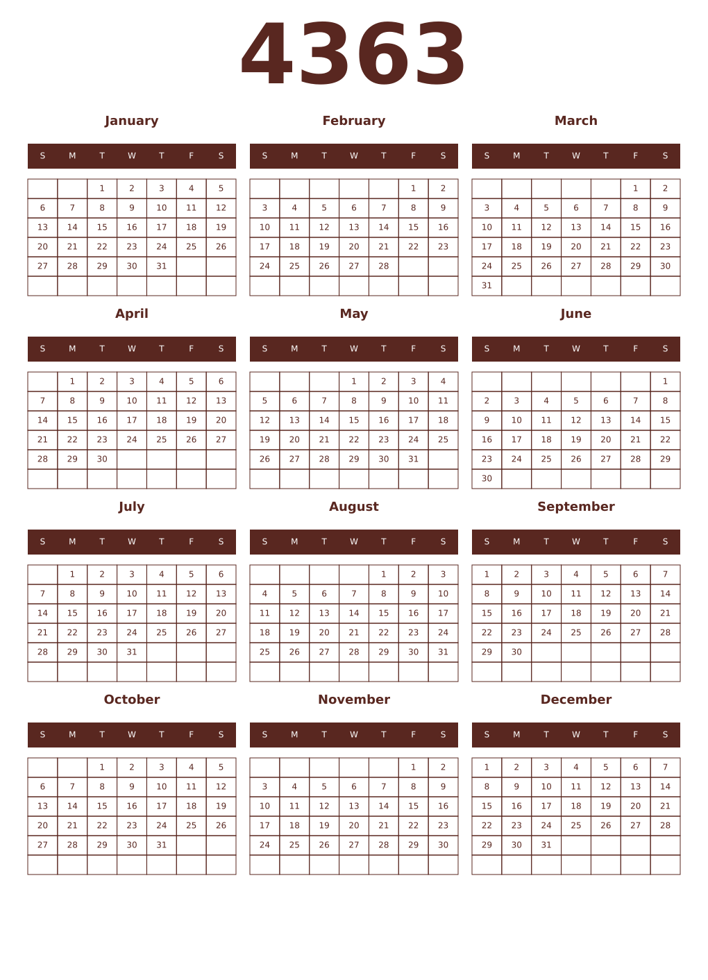 Printable 4363 Year Calendars mortuum