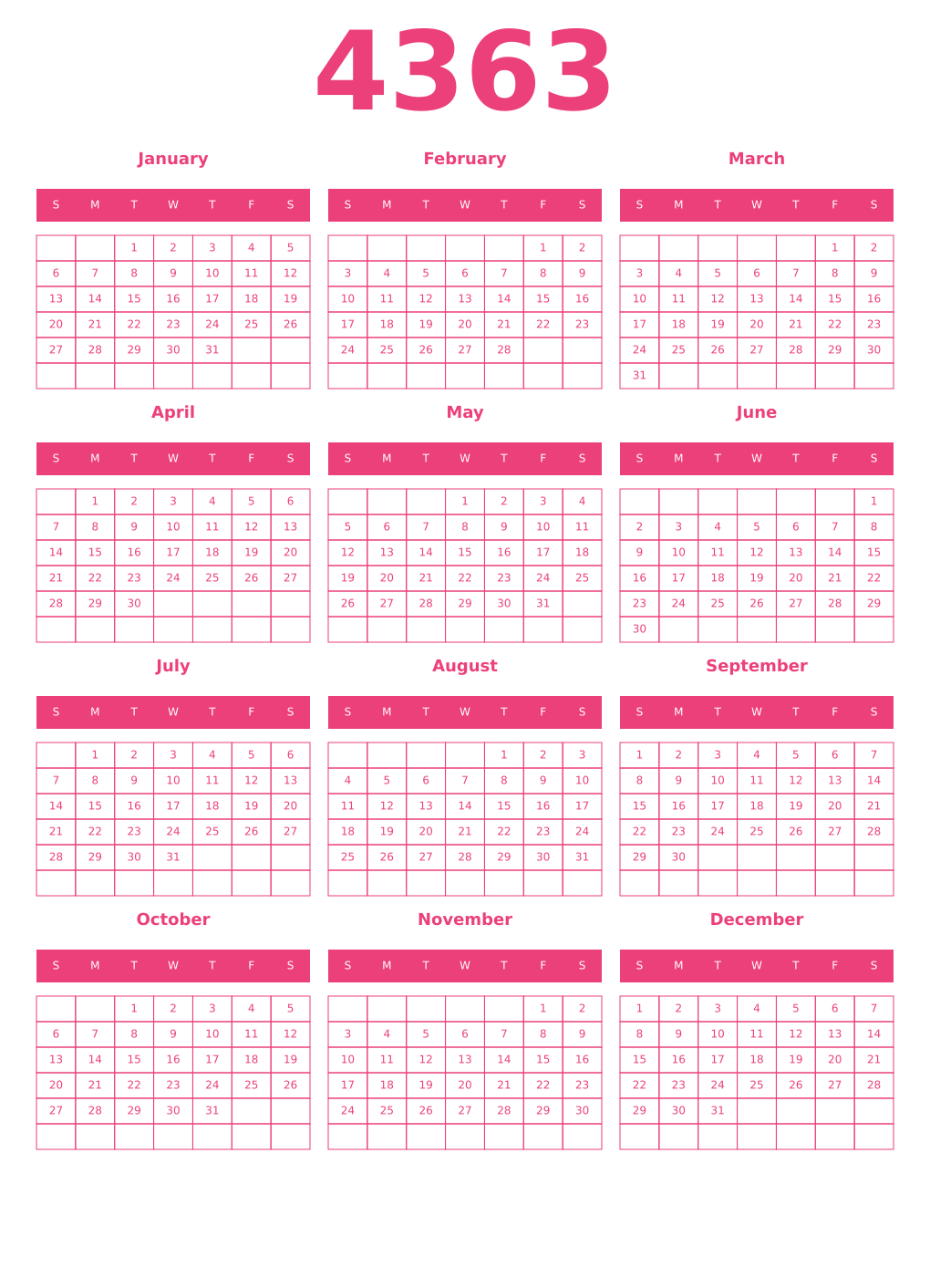 Printable 4363 Year Calendars pink