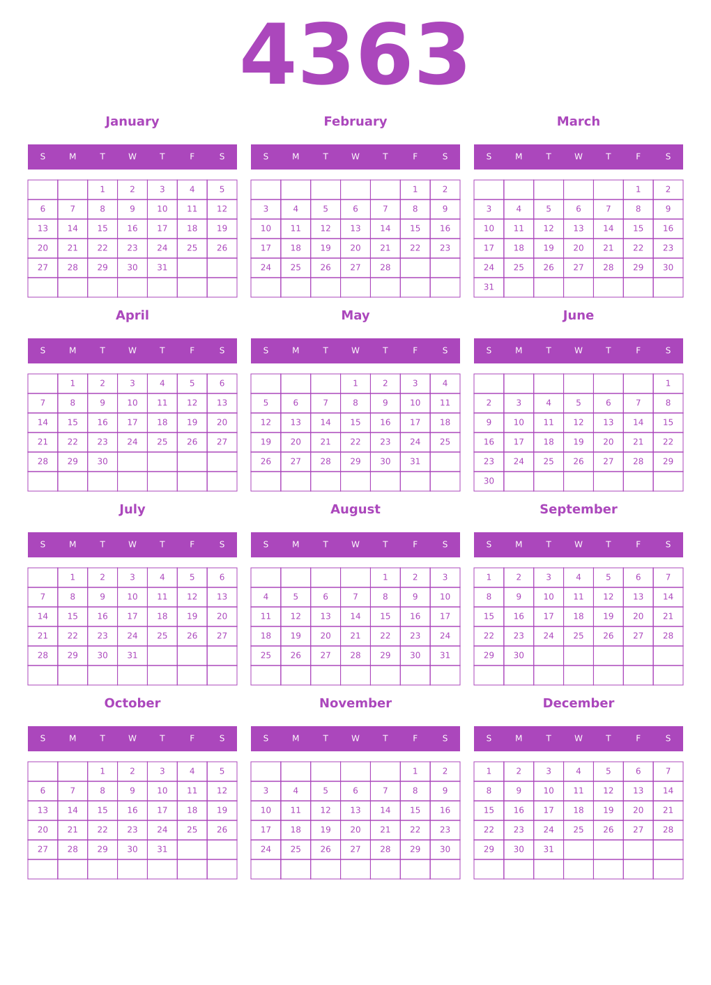 Printable 4363 Year Calendars purple