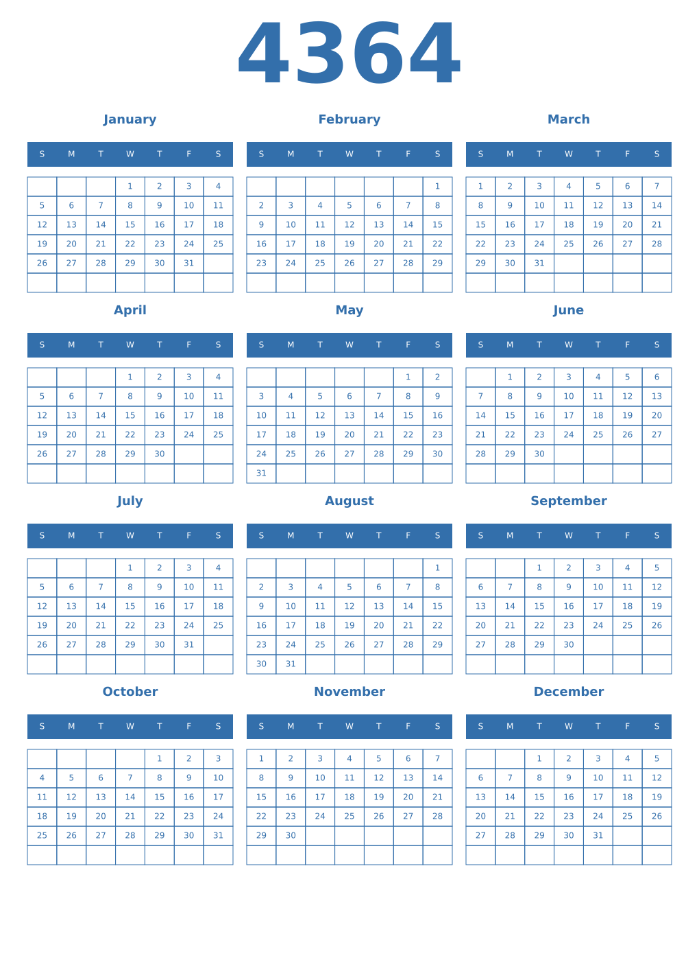 Printable 4364 Year Calendars blue