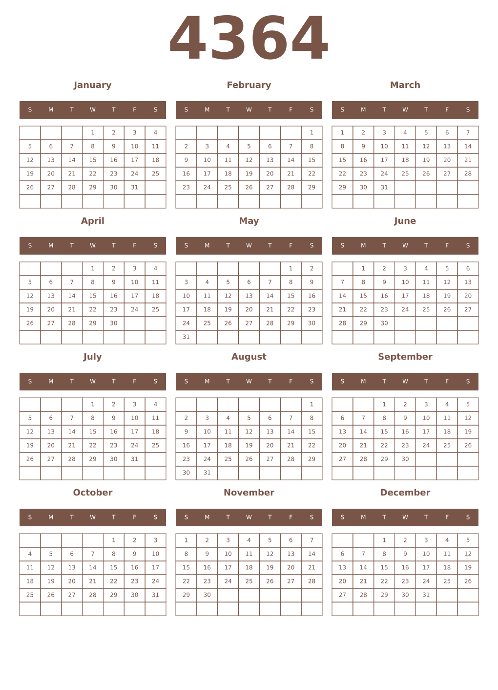 Printable 4364 Year Calendars coffe