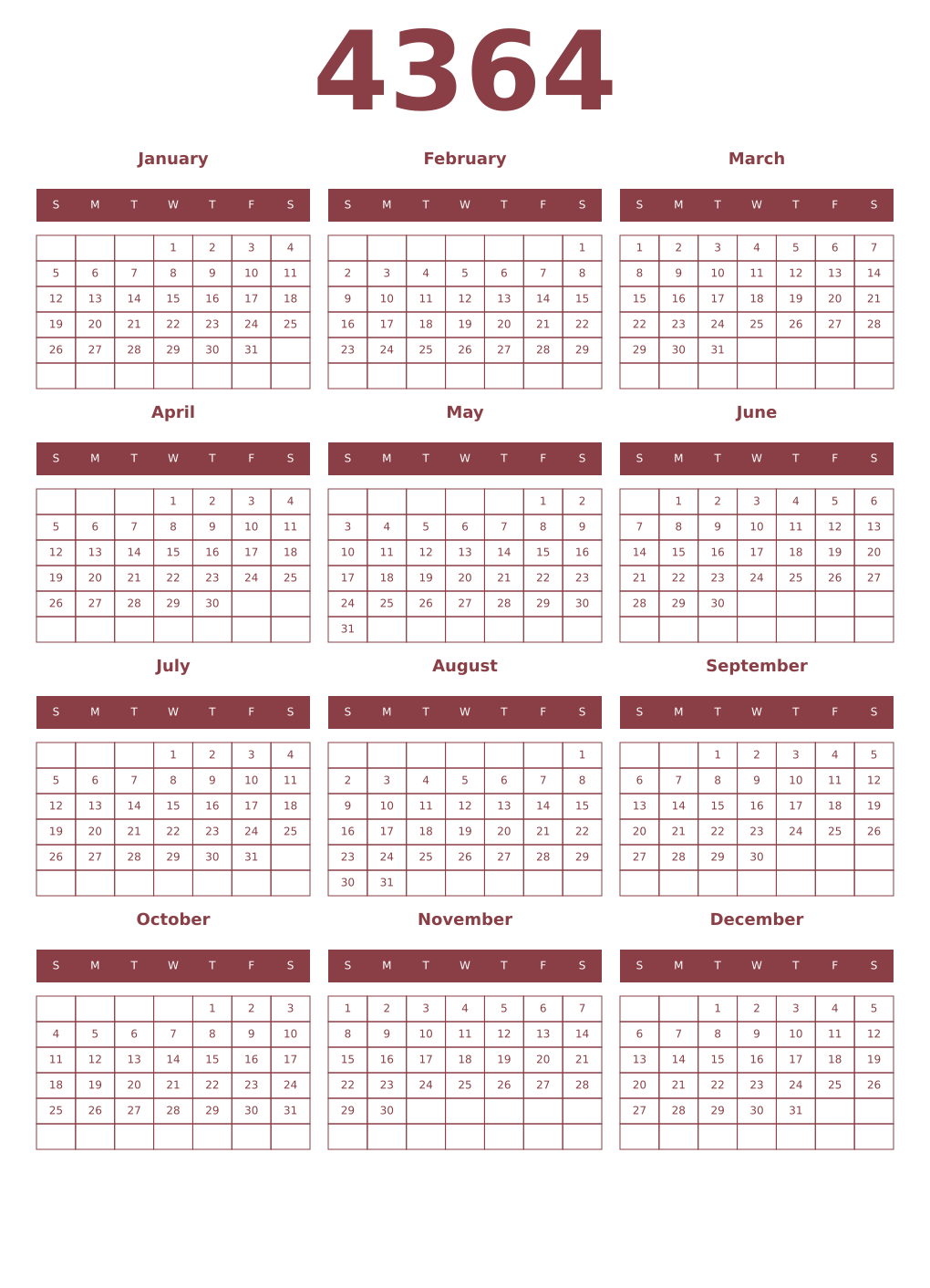 Printable 4364 Year Calendars cordovan