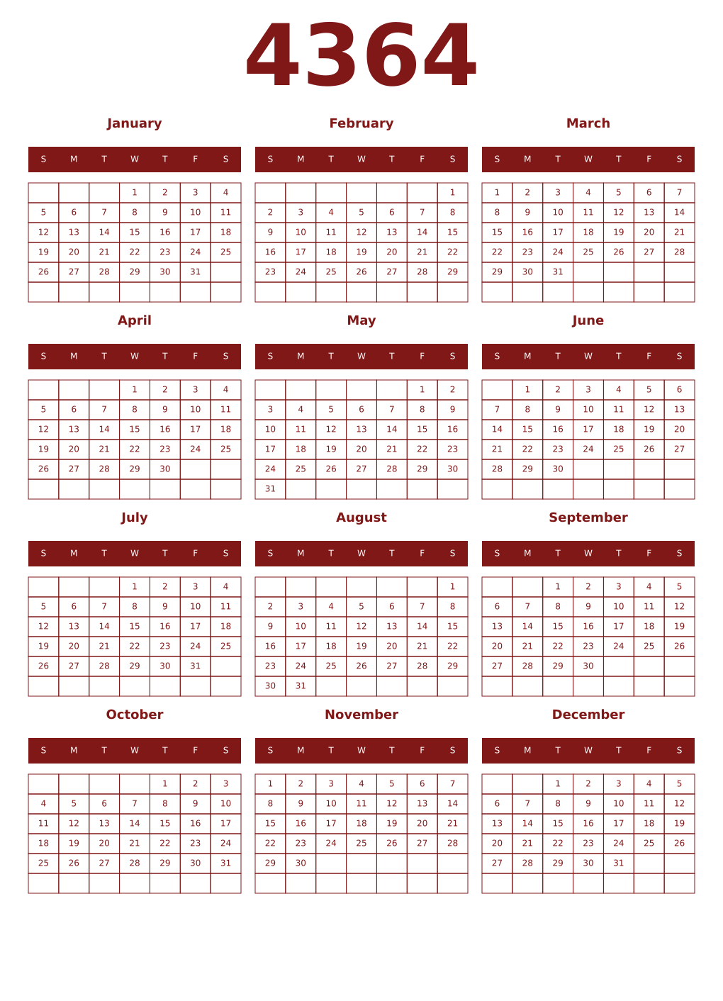 Printable 4364 Year Calendars falu