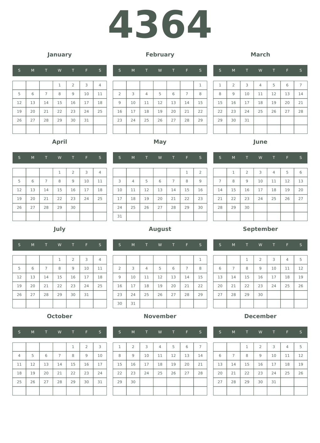 Printable 4364 Year Calendars feldgrau