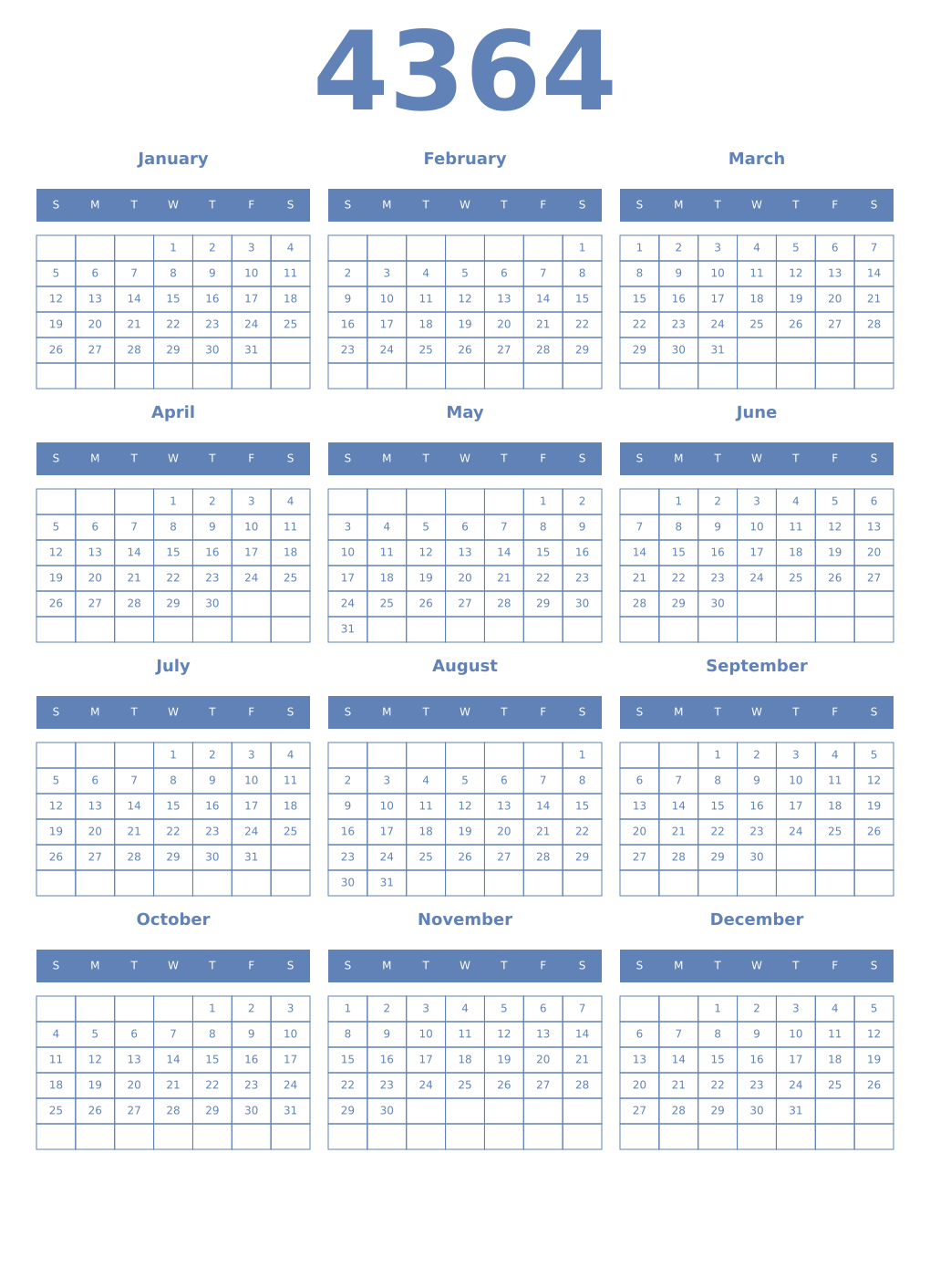 Printable 4364 Year Calendars glaucous
