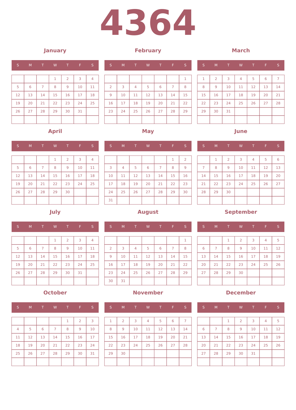 Printable 4364 Year Calendars puce