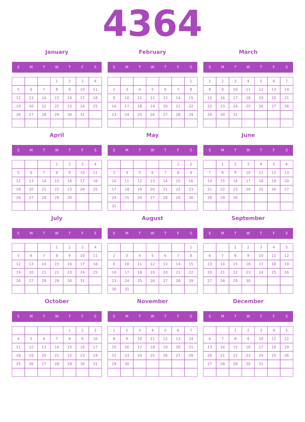 Printable 4364 Year Calendars purple