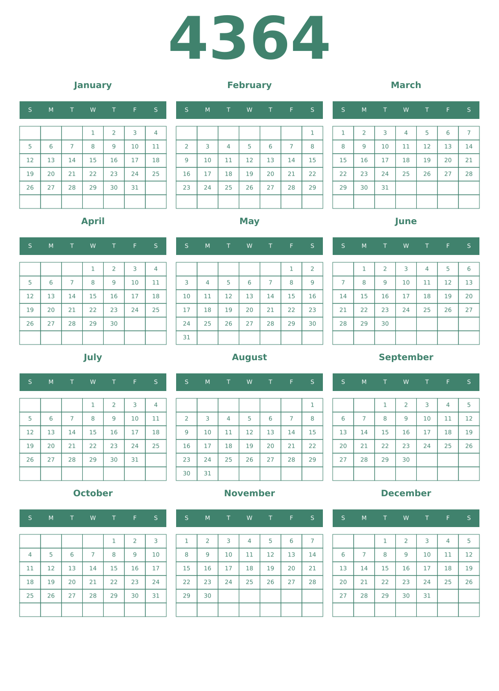Printable 4364 Year Calendars viridian