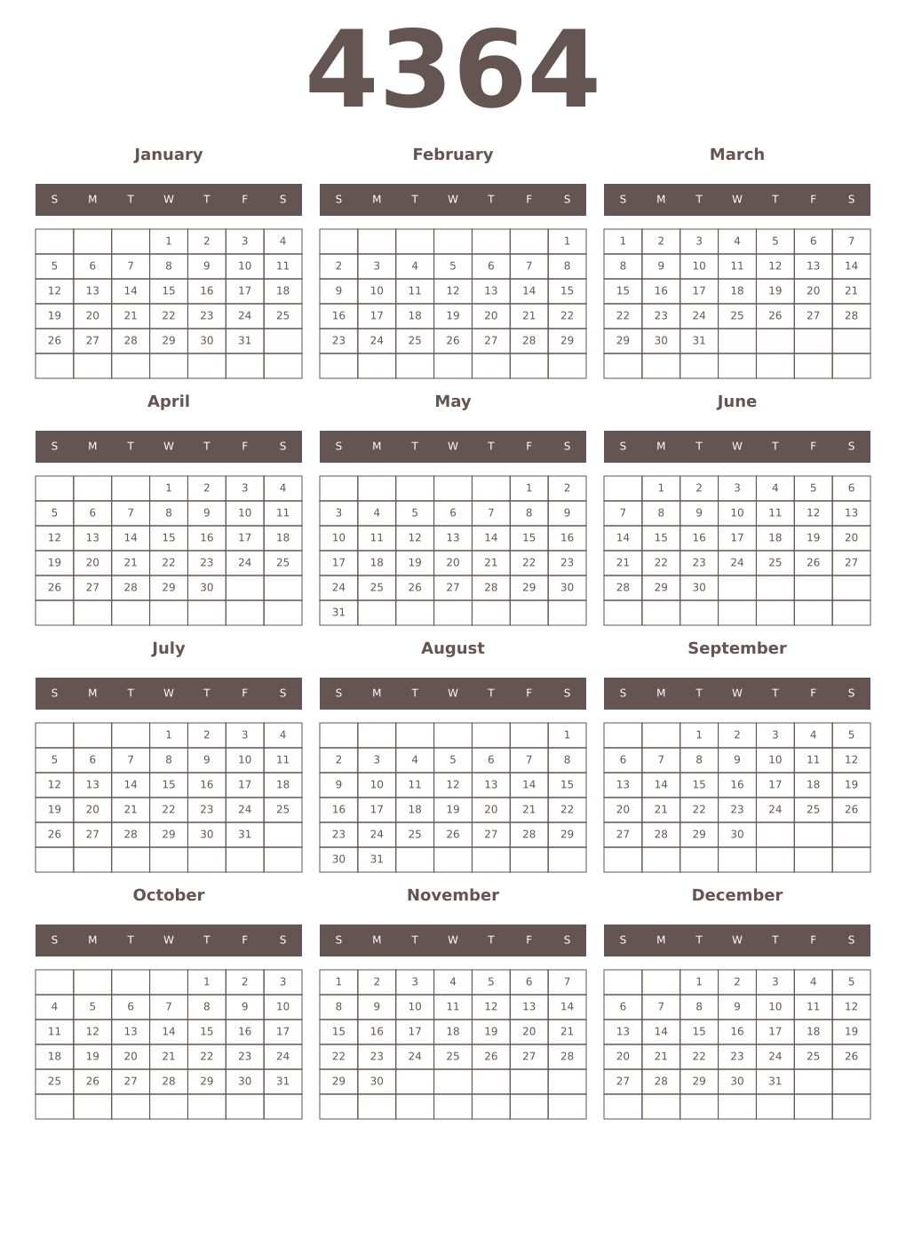 Printable 4364 Year Calendars wenge