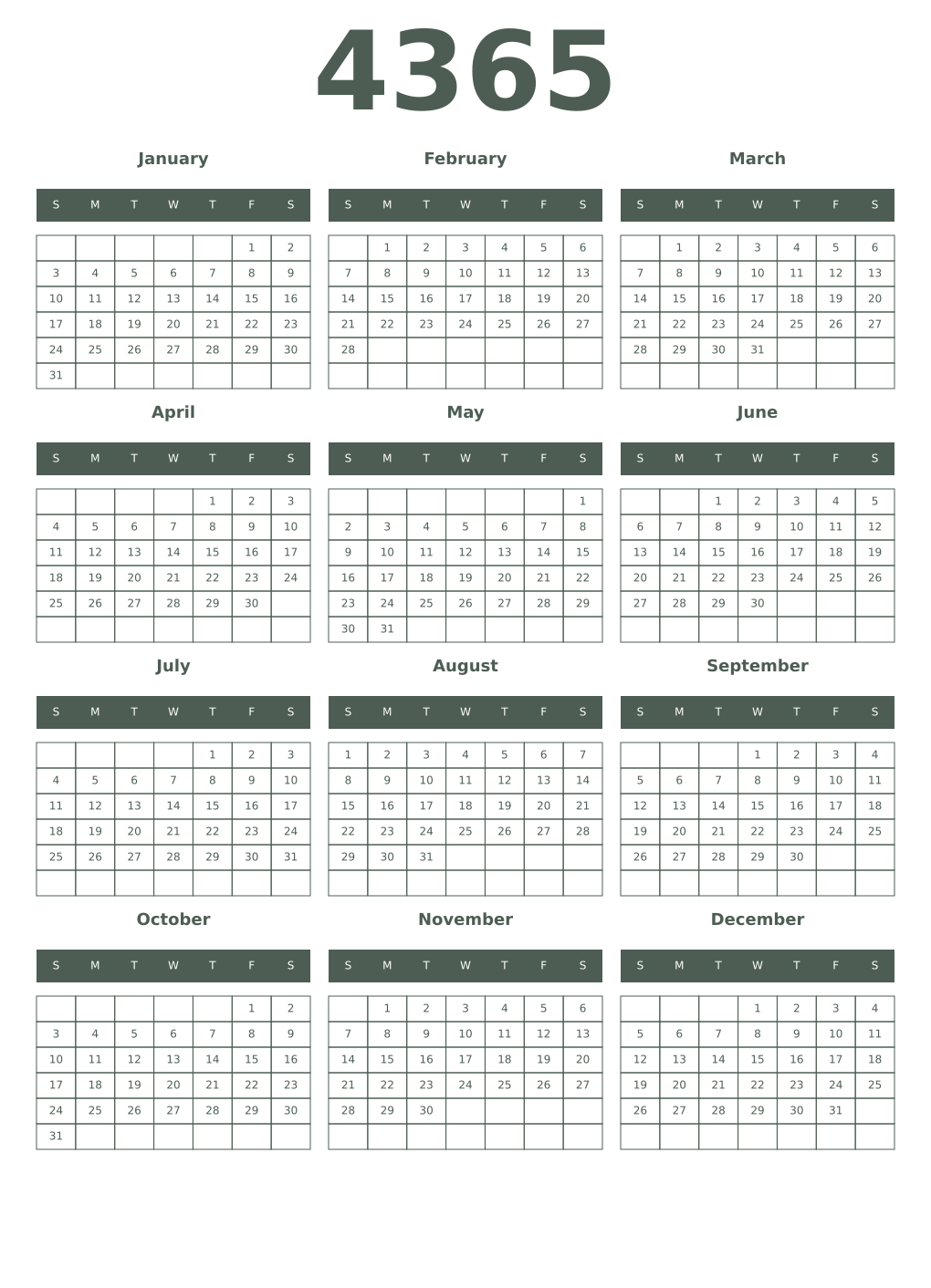 Printable 4365 Year Calendars feldgrau
