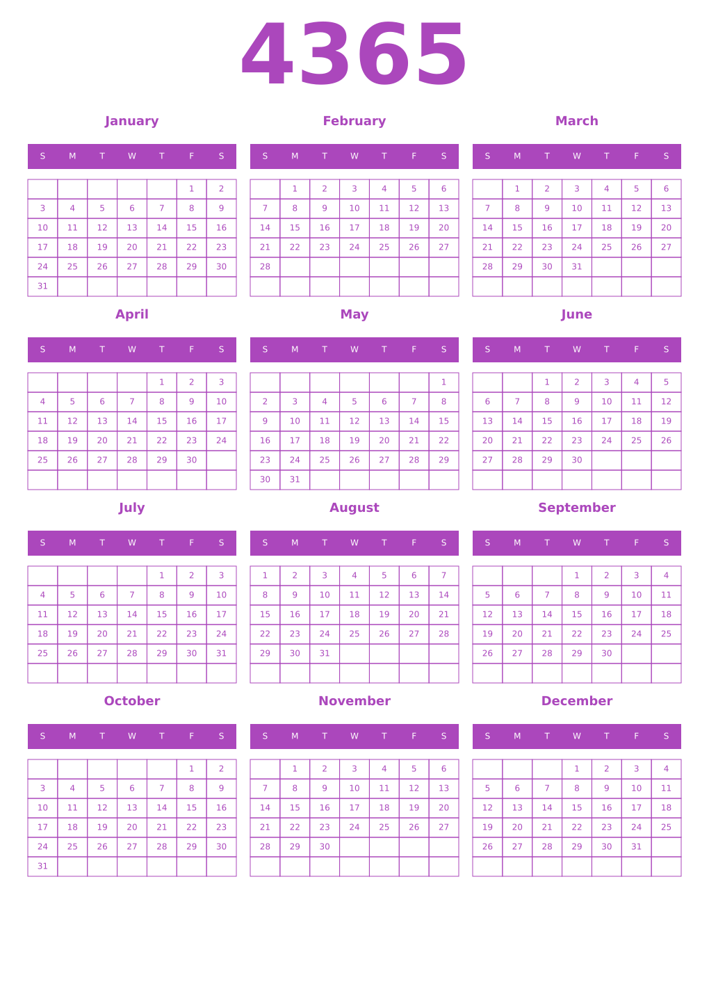 Printable 4365 Year Calendars purple