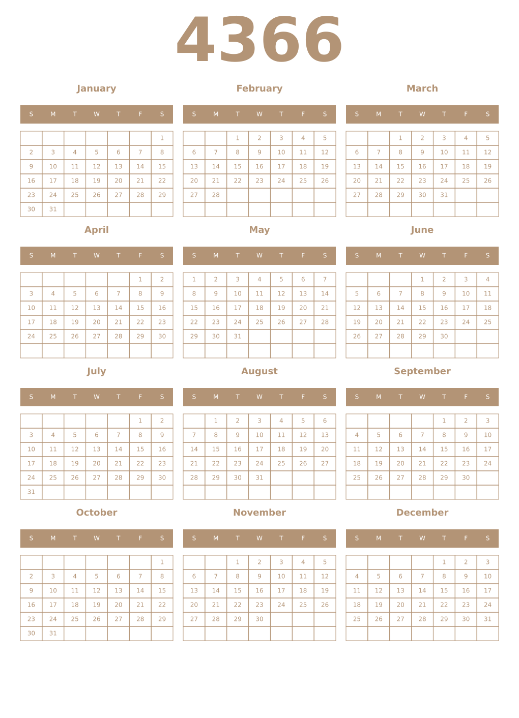 Printable 4366 Year Calendars isabelline