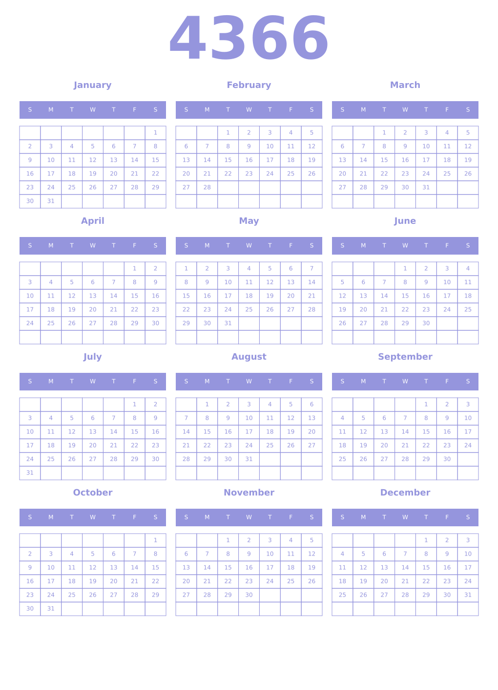 Printable 4366 Year Calendars periwinkle