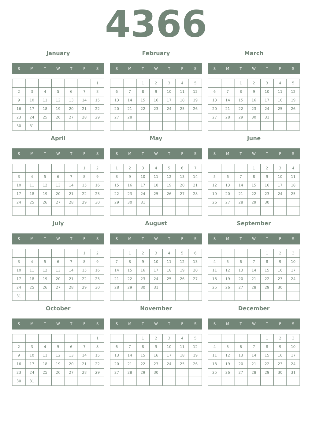 Printable 4366 Year Calendars xanadu