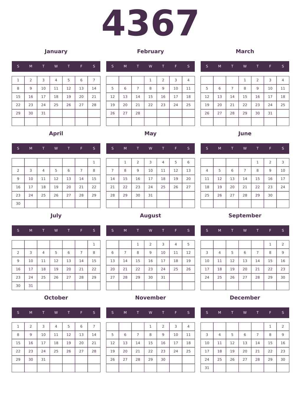 Printable 4367 Year Calendars aubergine