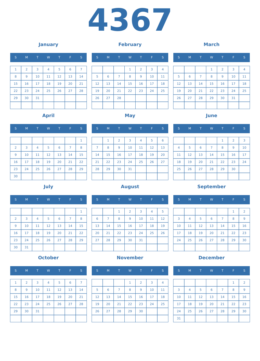 Printable 4367 Year Calendars blue