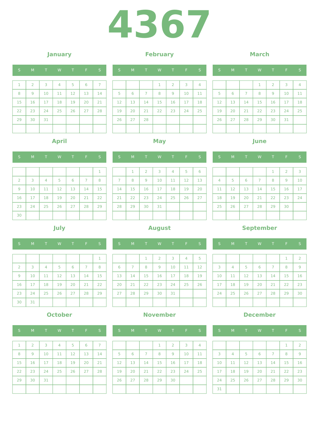 Printable 4367 Year Calendars celadon