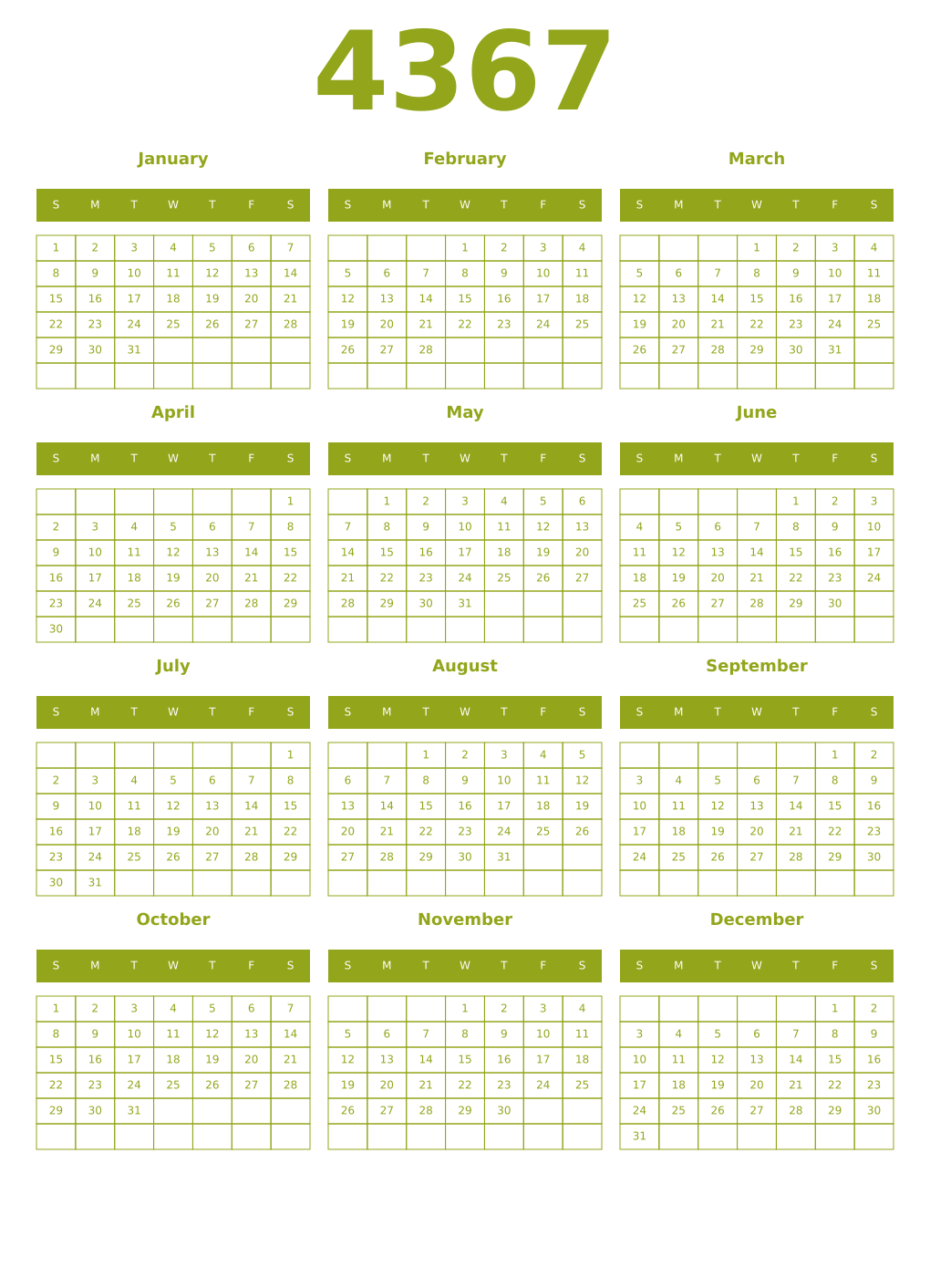 Printable 4367 Year Calendars chartreuse