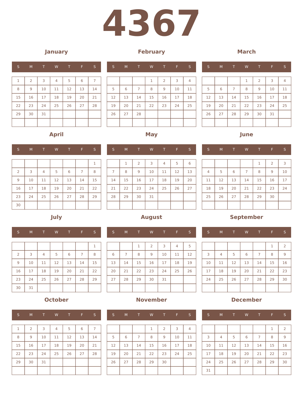 Printable 4367 Year Calendars coffe