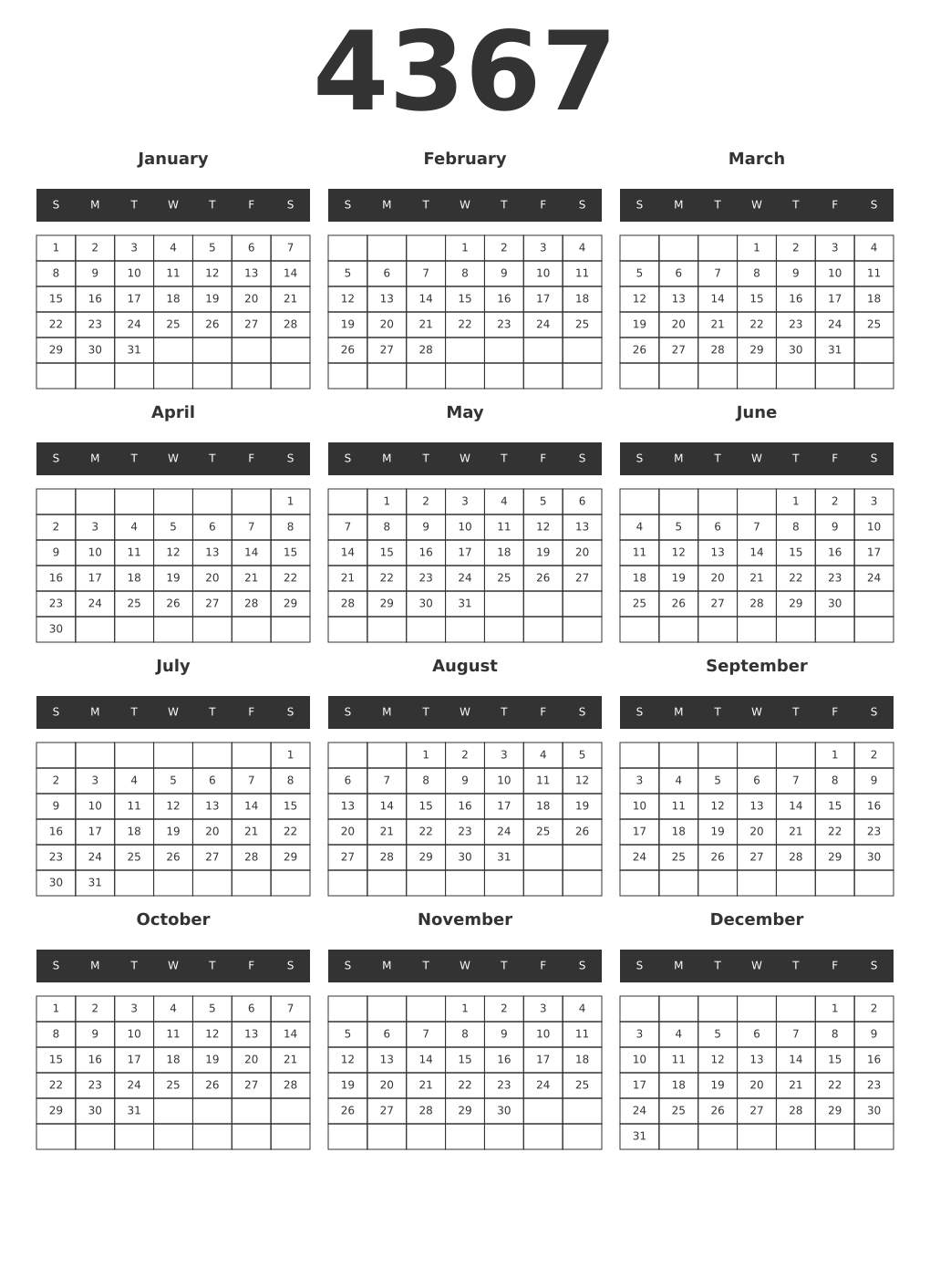 Printable 4367 Year Calendars dark