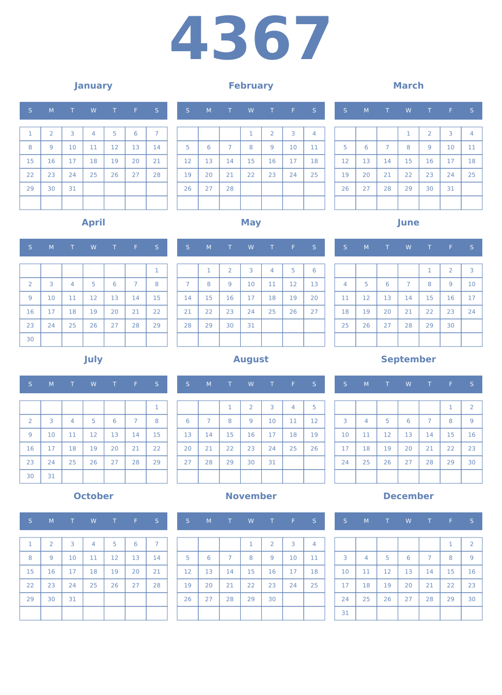 Printable 4367 Year Calendars glaucous