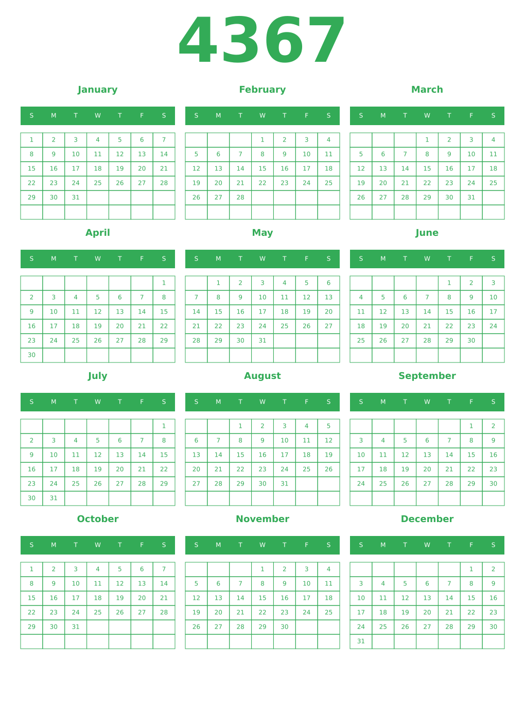 Printable 4367 Year Calendars green
