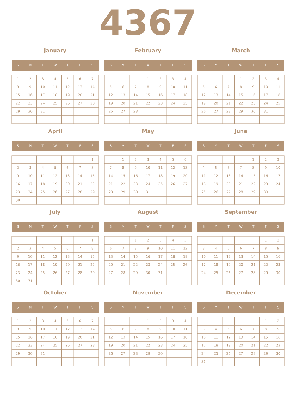 Printable 4367 Year Calendars isabelline