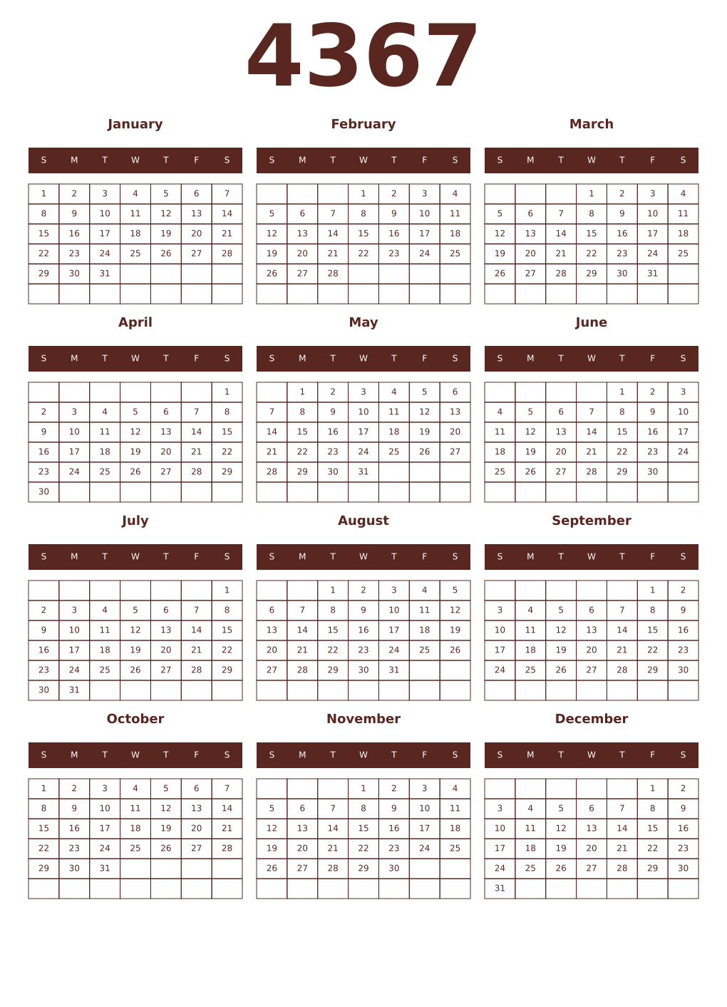 Printable 4367 Year Calendars mortuum