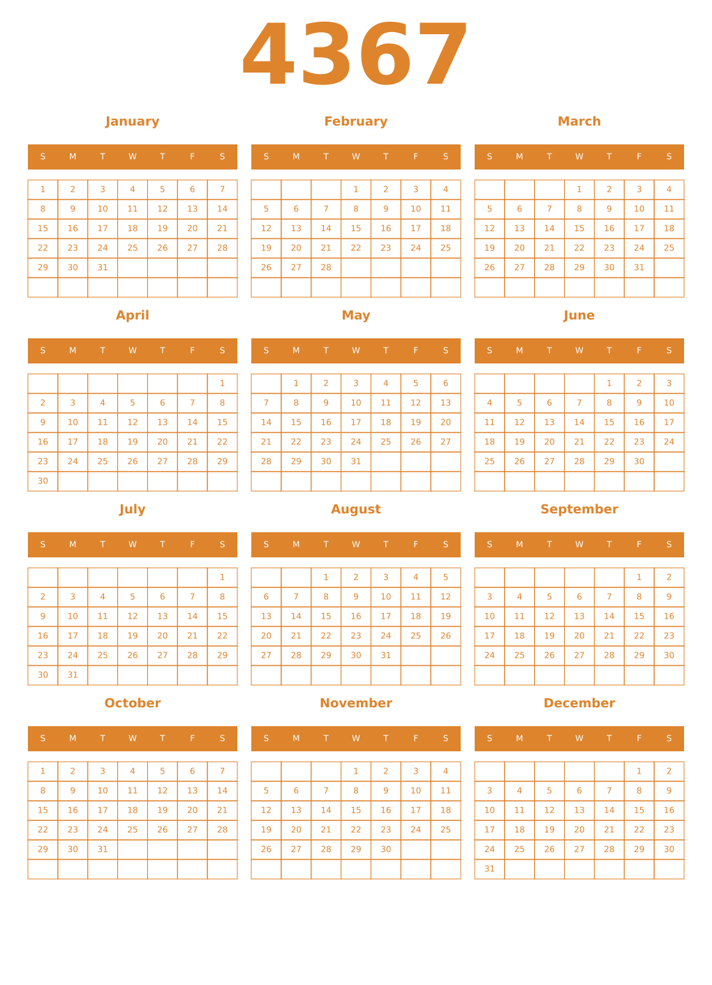 Printable 4367 Year Calendars orange