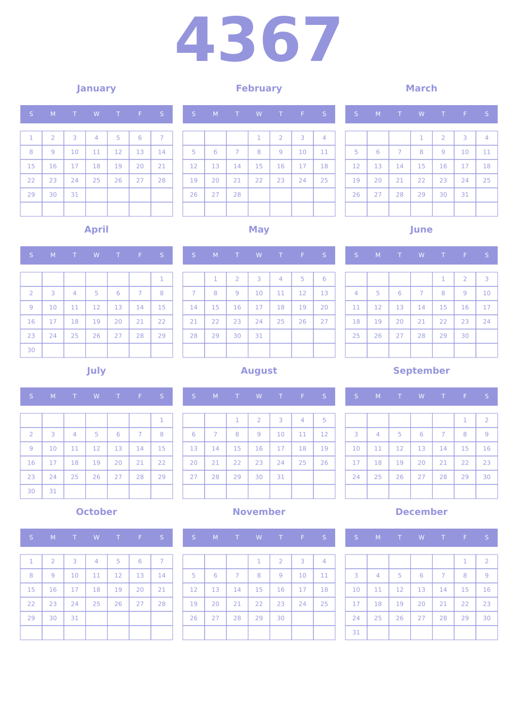 Printable 4367 Year Calendars periwinkle
