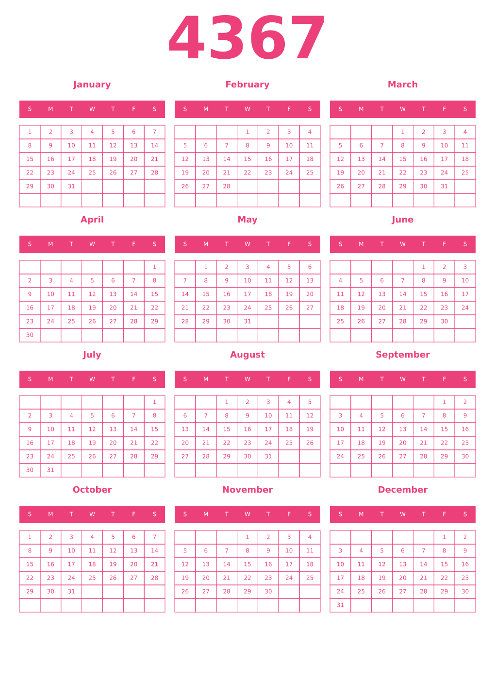 Printable 4367 Year Calendars pink