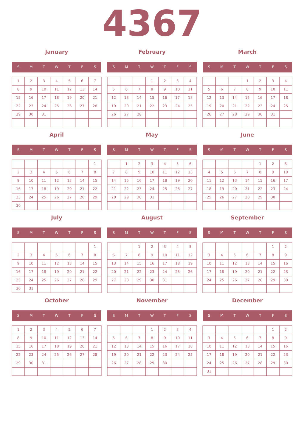 Printable 4367 Year Calendars puce