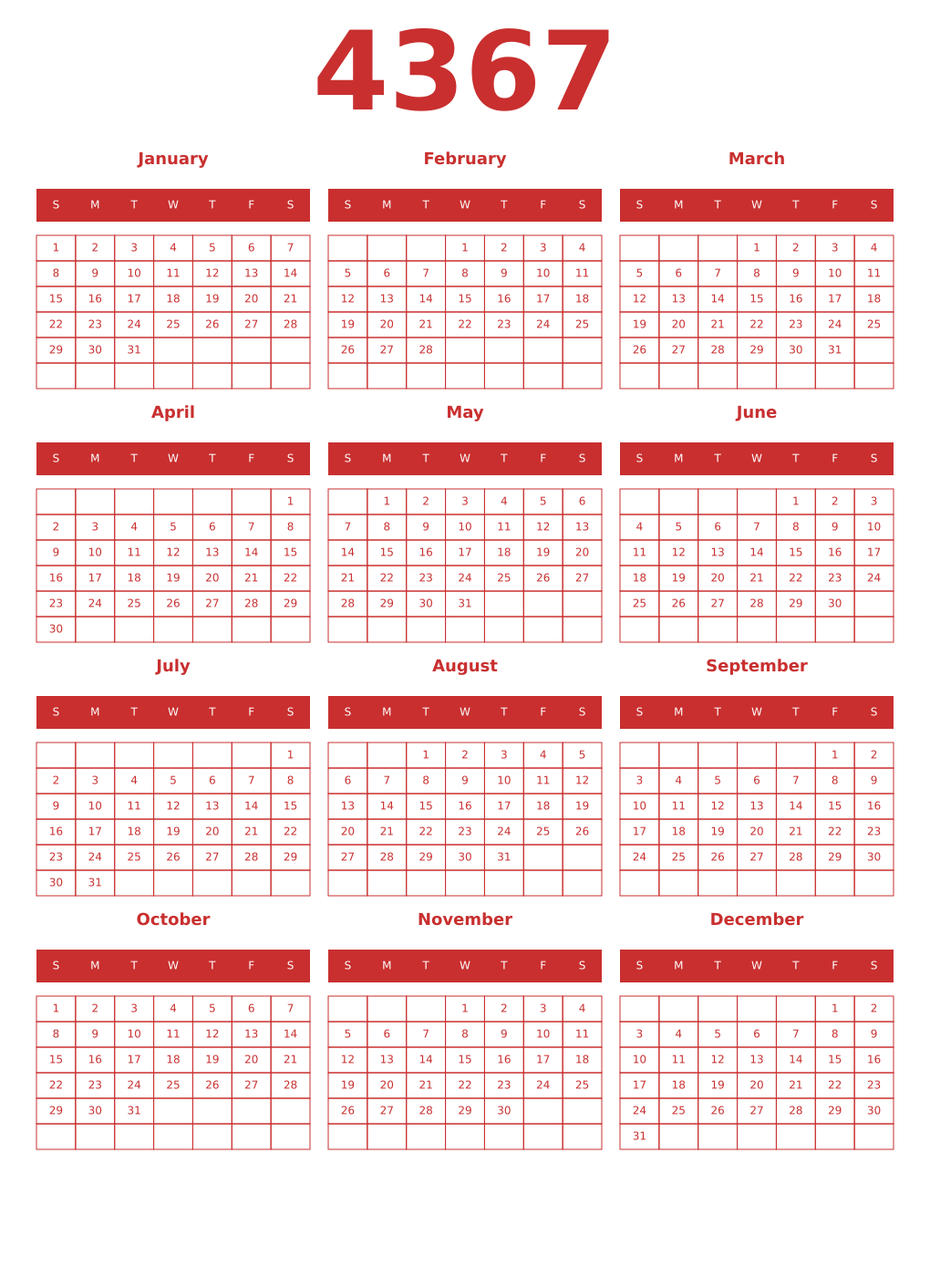 Printable 4367 Year Calendars red