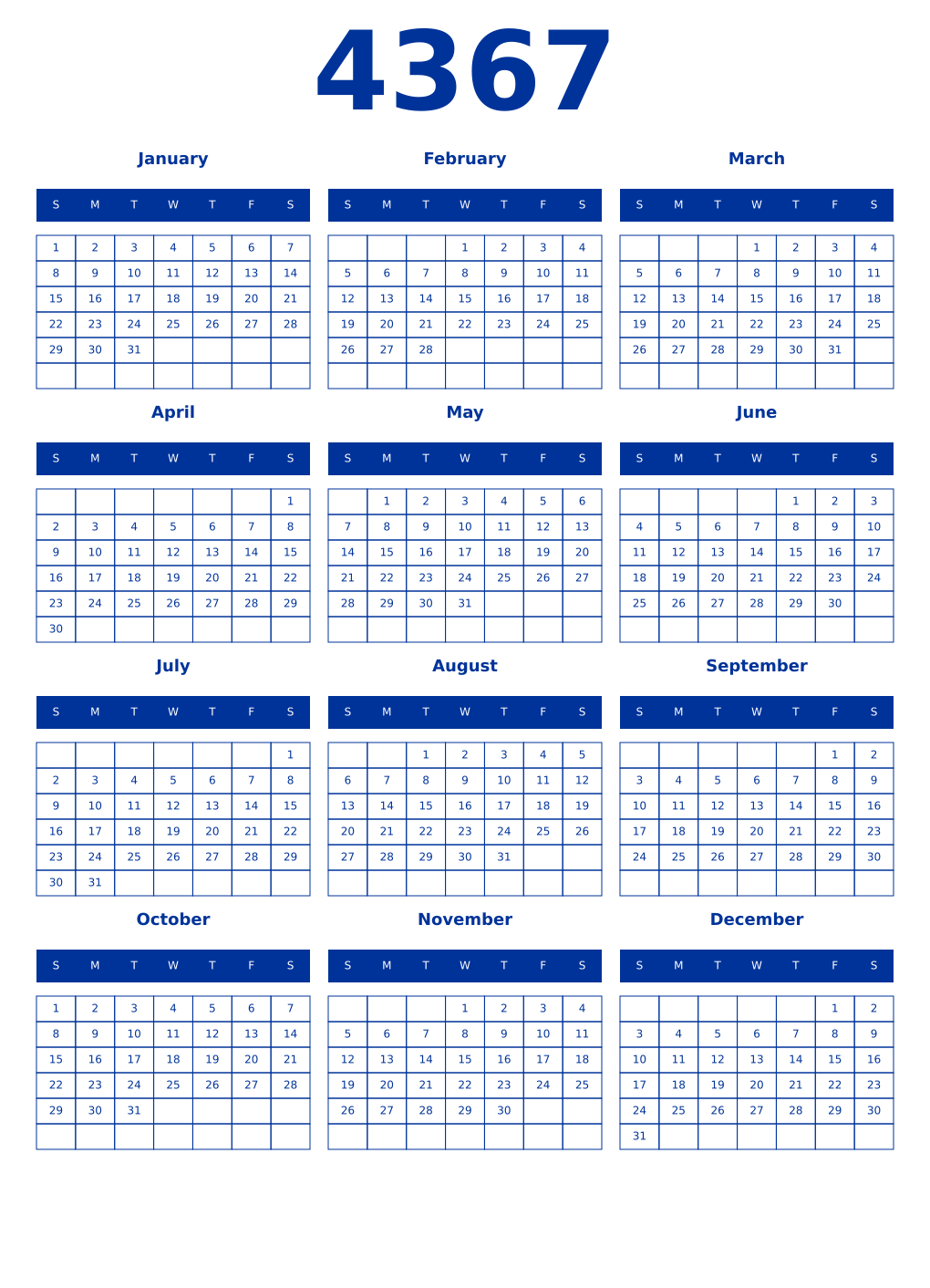 Printable 4367 Year Calendars smalt