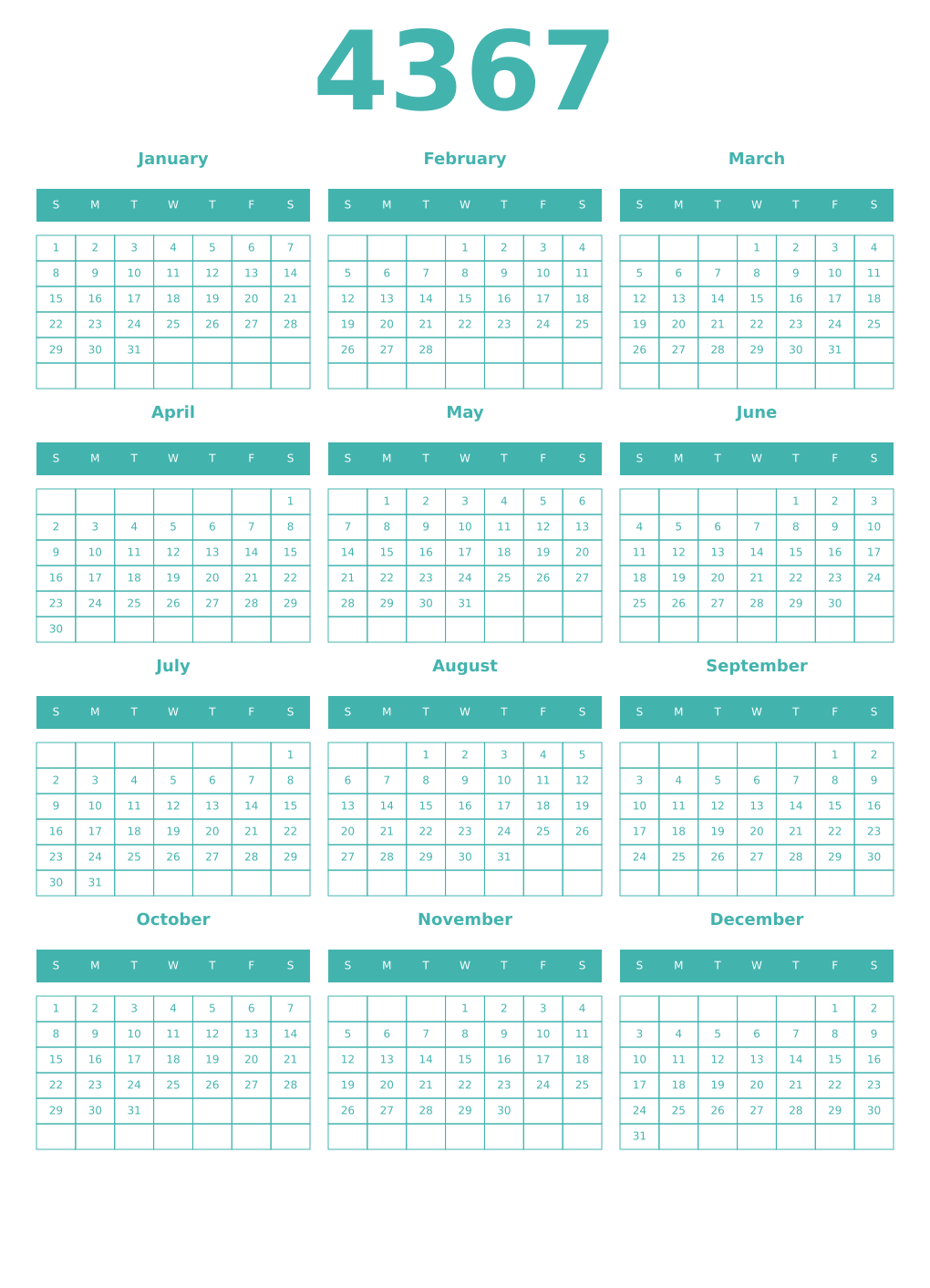 Printable 4367 Year Calendars verdigris