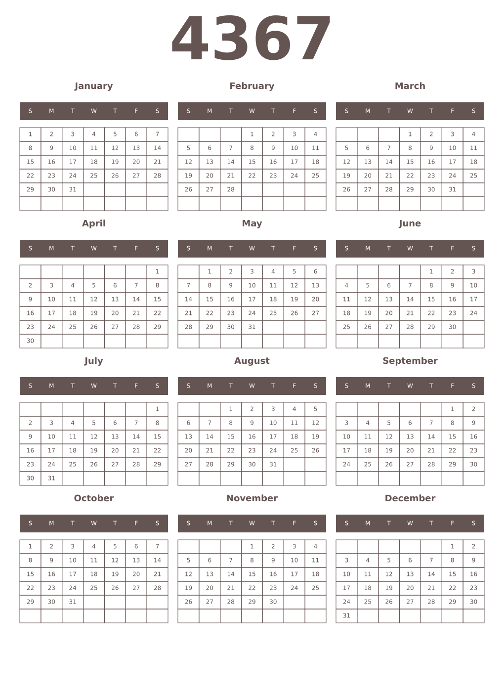 Printable 4367 Year Calendars wenge