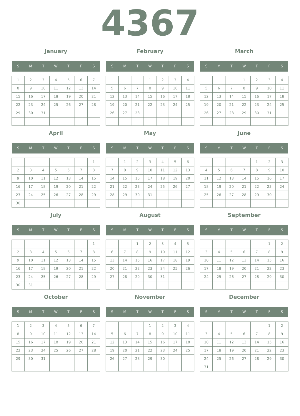 Printable 4367 Year Calendars xanadu