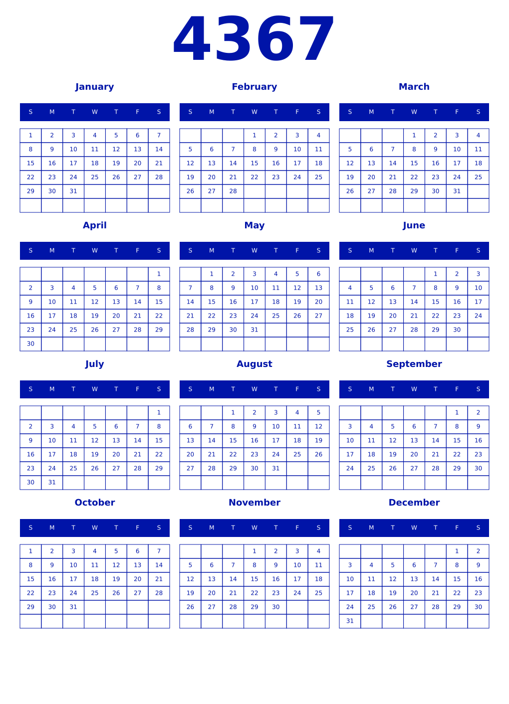 Printable 4367 Year Calendars zaffre