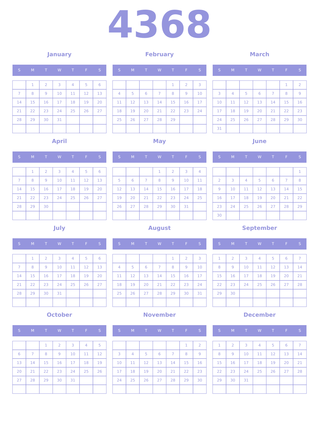 Printable 4368 Year Calendars periwinkle