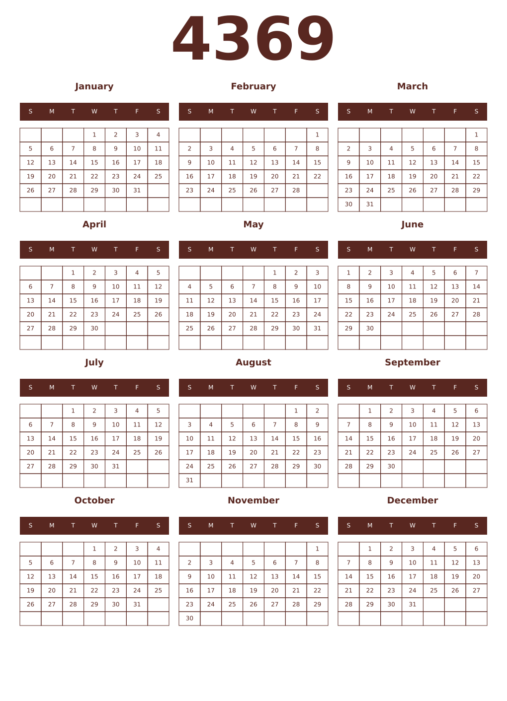 Printable 4369 Year Calendars mortuum