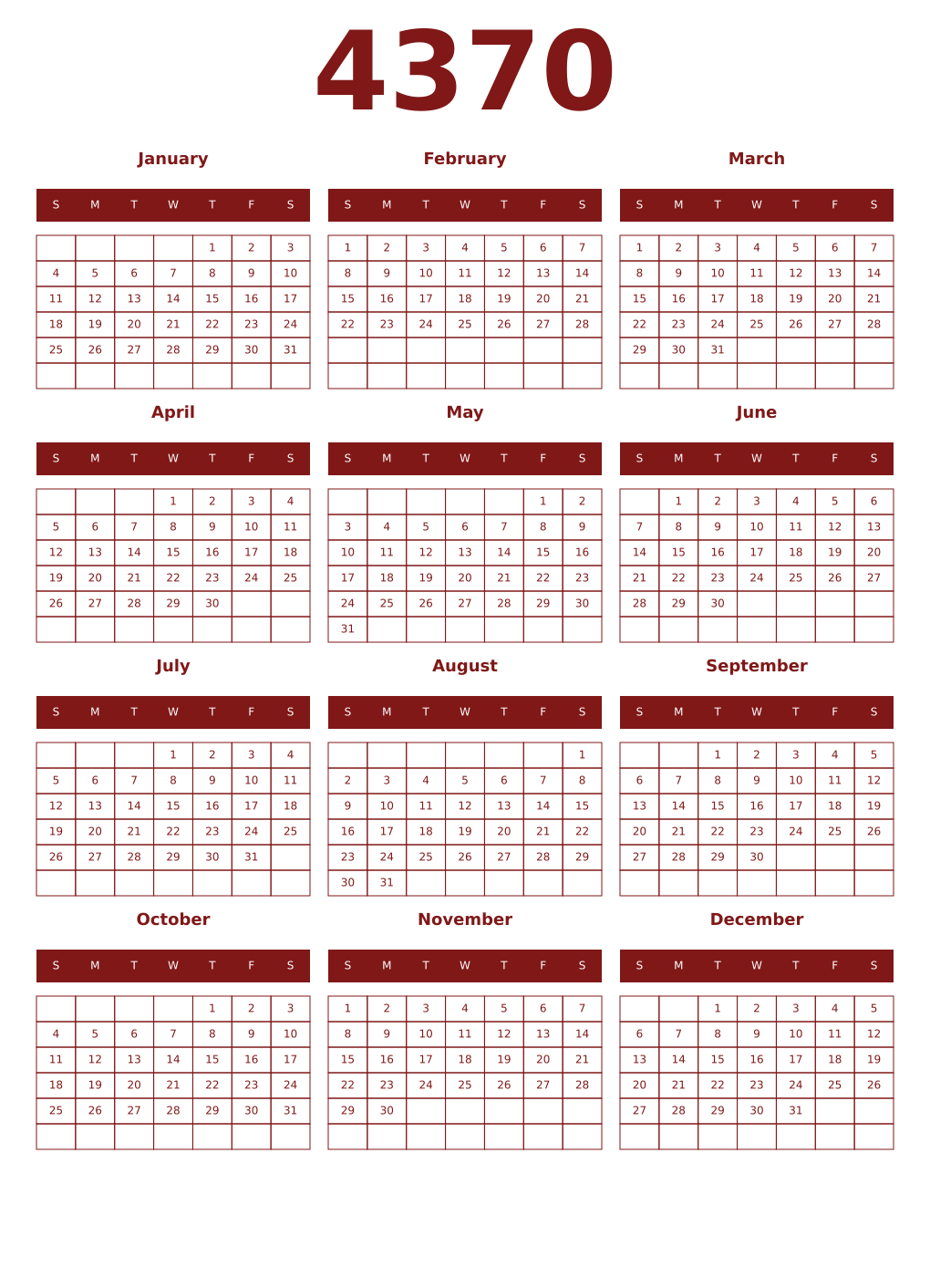 Printable 4370 Year Calendars falu