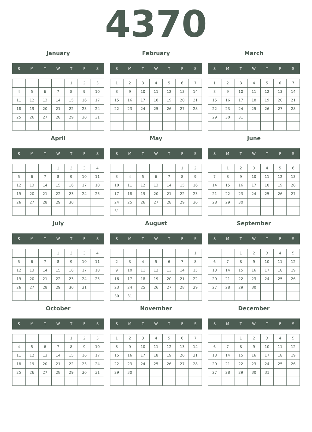 Printable 4370 Year Calendars feldgrau
