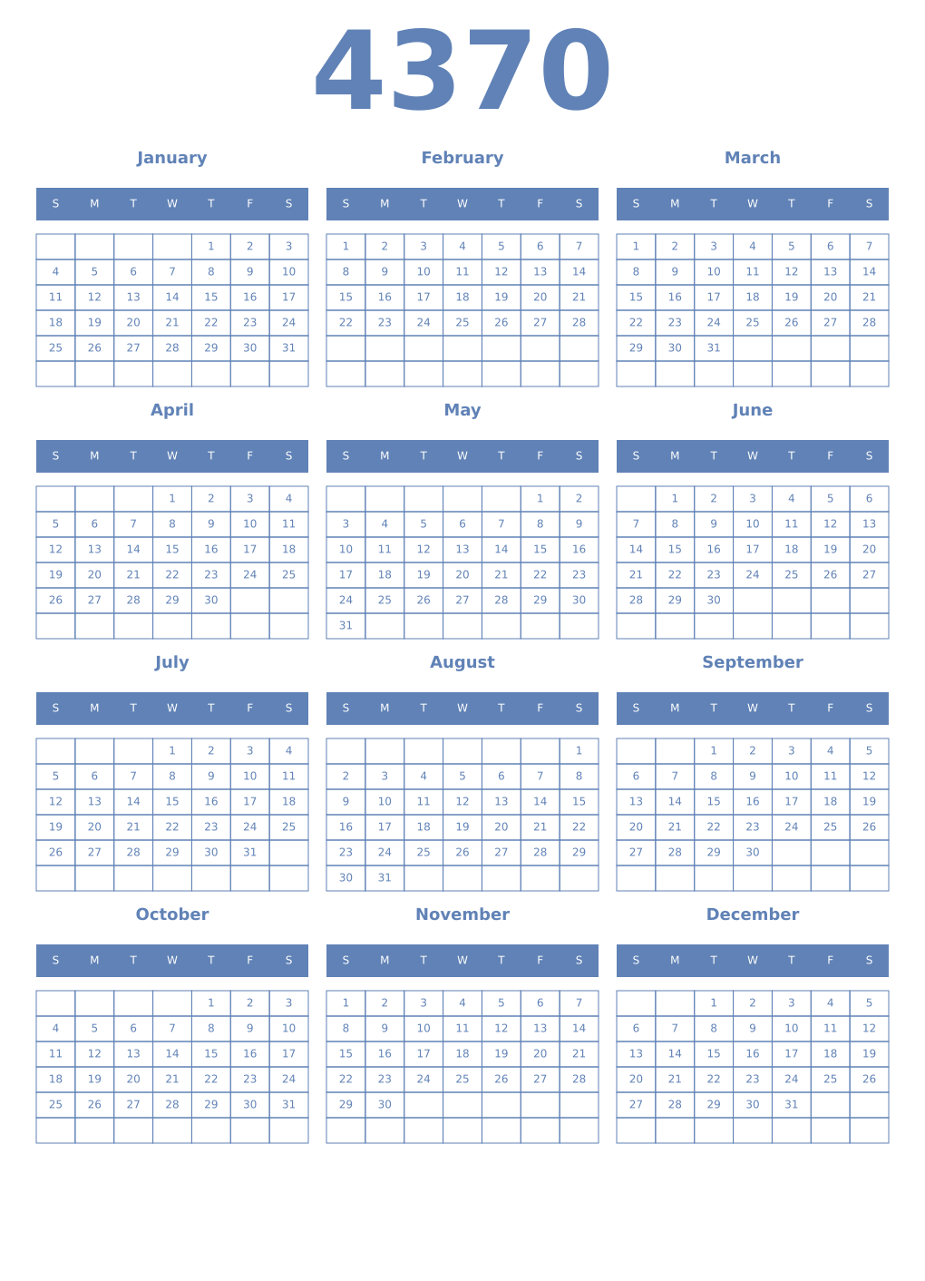 Printable 4370 Year Calendars glaucous